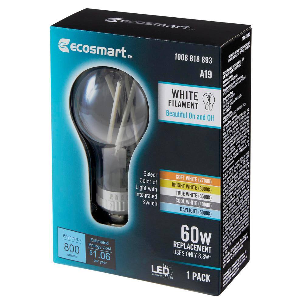 EcoSmart 60-Watt Equivalent A19 Dimmable White Filament CEC Clear Glass LED Light Bulb Adjustable White (1-Bulb) A19605CCTCAWFILECP