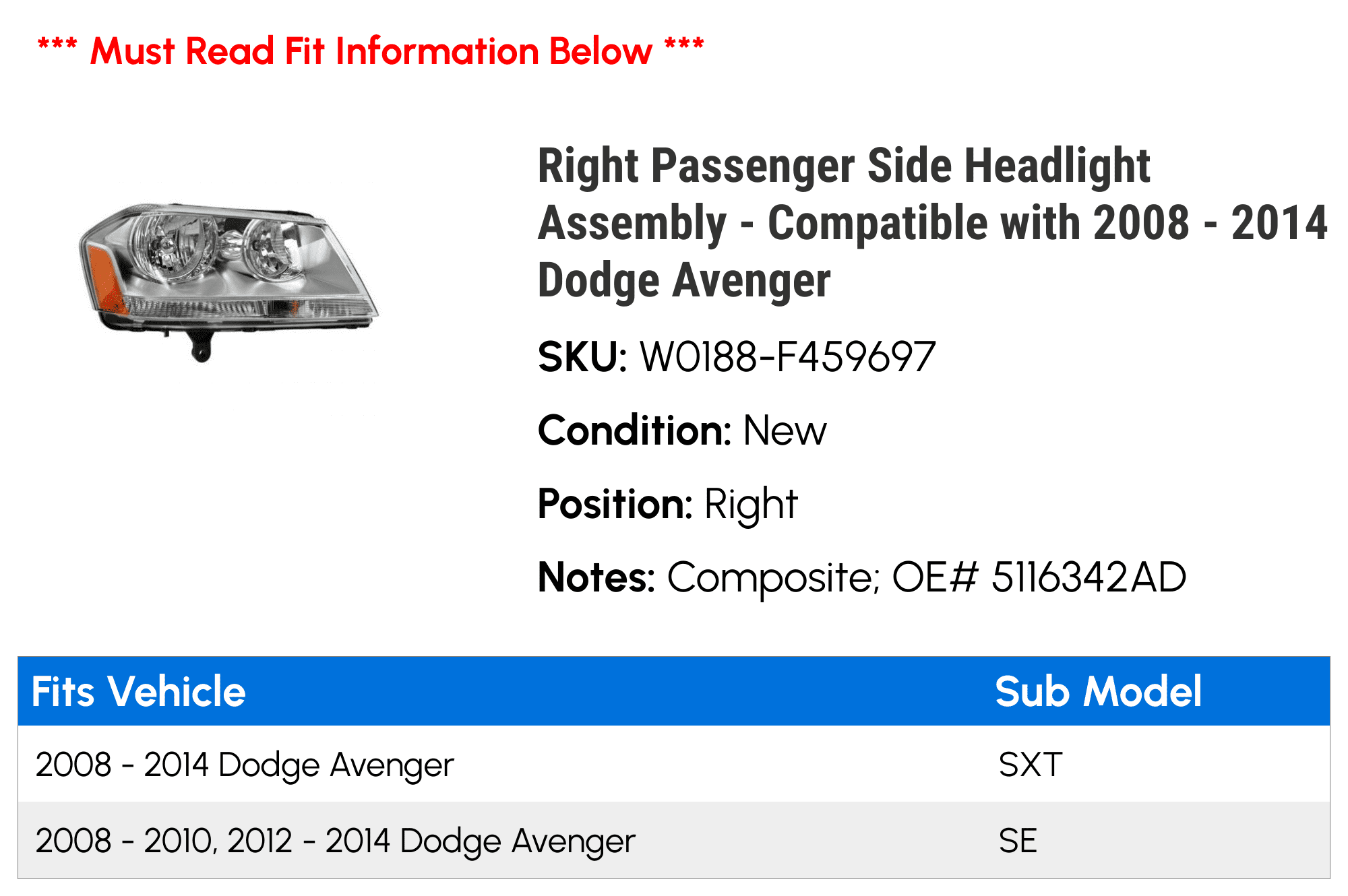 Right Passenger Side Headlight Assembly - Compatible with 2008 - 2014 Dodge Avenger 2009 2010 2011 2012 2013