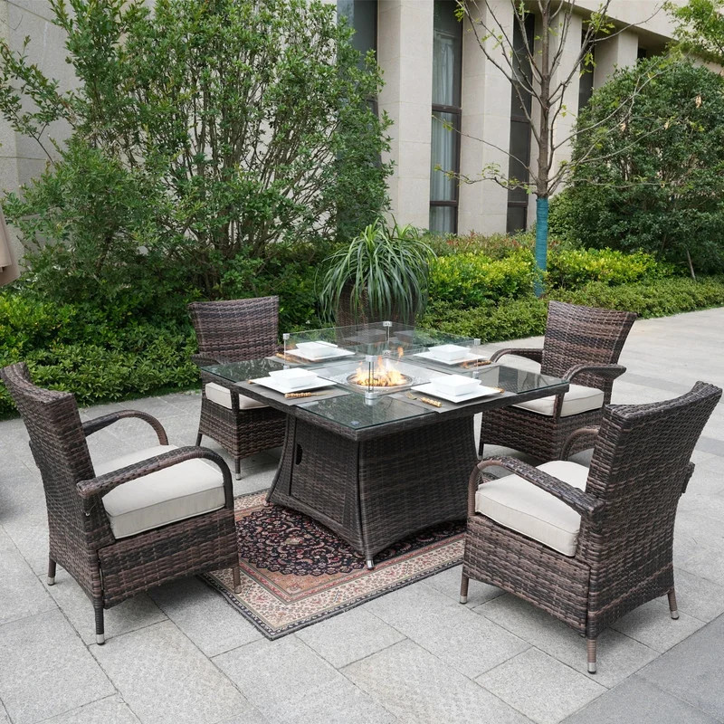 5 Piece Patio Square Fire Pit Table  Arm Chairs   Tropical   Outdoor Dining Sets   by Abrihome  Houzz