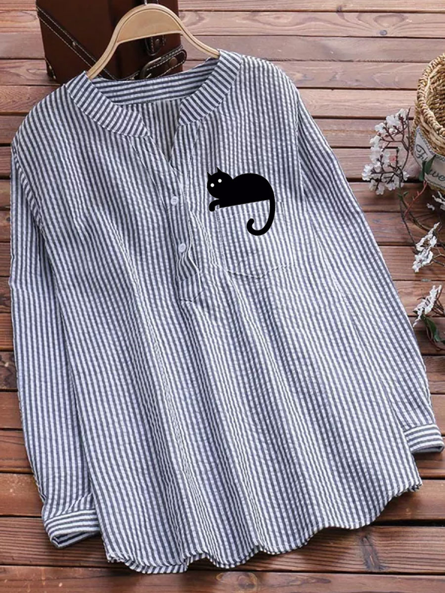 V-neck Casual Loose Striped Cat Print Long-sleeved Blouse