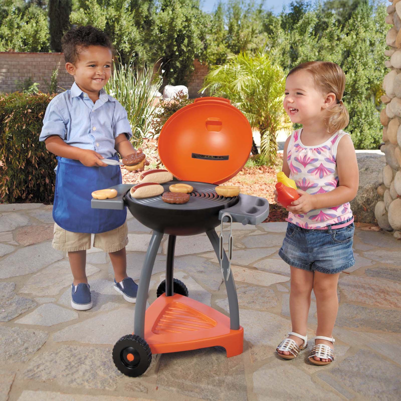 Little Tikes Sizzle 'n Serve 15-Piece Outdoor Plastic Pretend Play Barbecue Grill Toys Playset, Multi-Color, For Kids, Toddlers Ages 3 4 5+