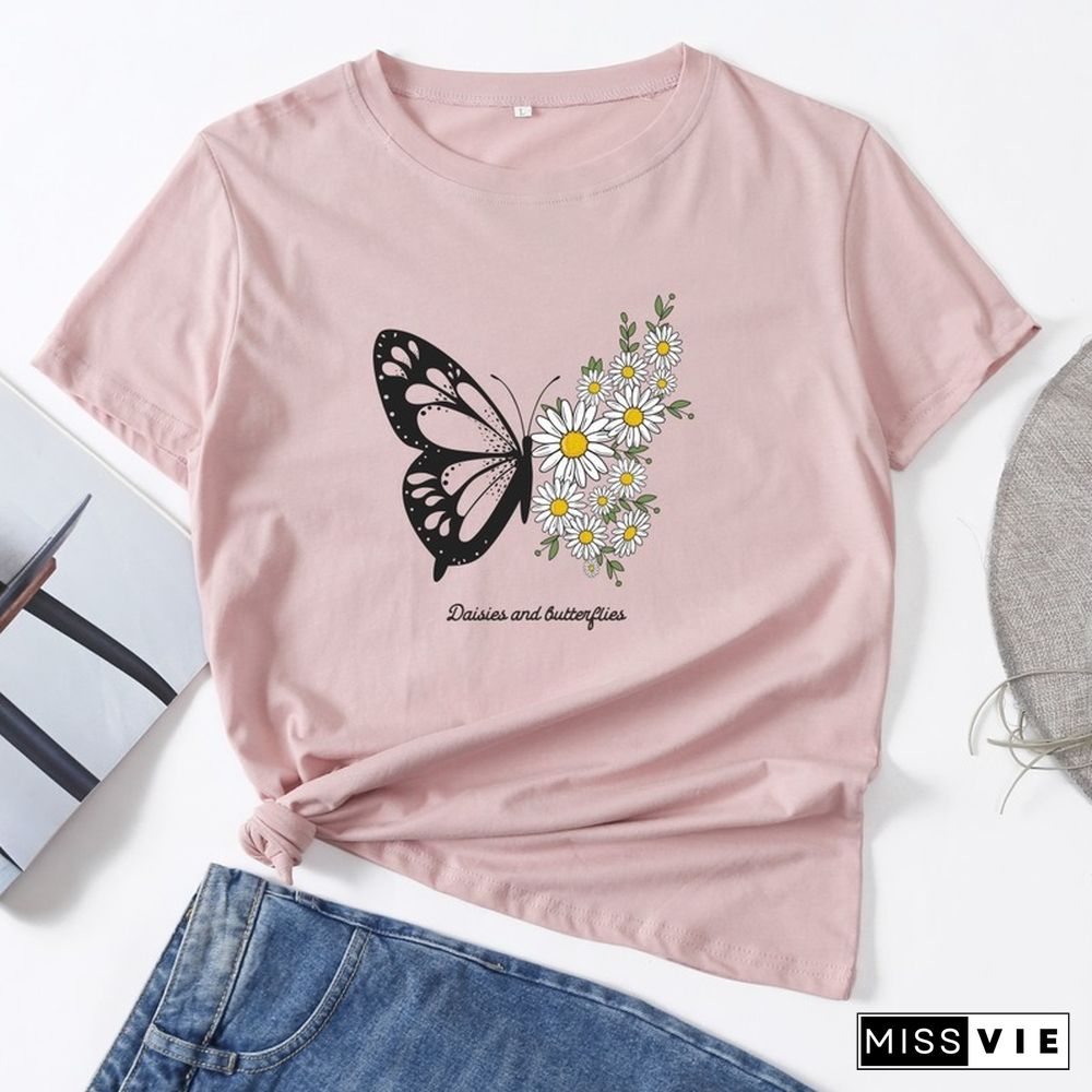 Summer Women Casual Short Sleeve T-shirt Butterfly Flower Print Female Fashion Graphic T Shirt Ladies Daily Loose O-Neck Tee Top