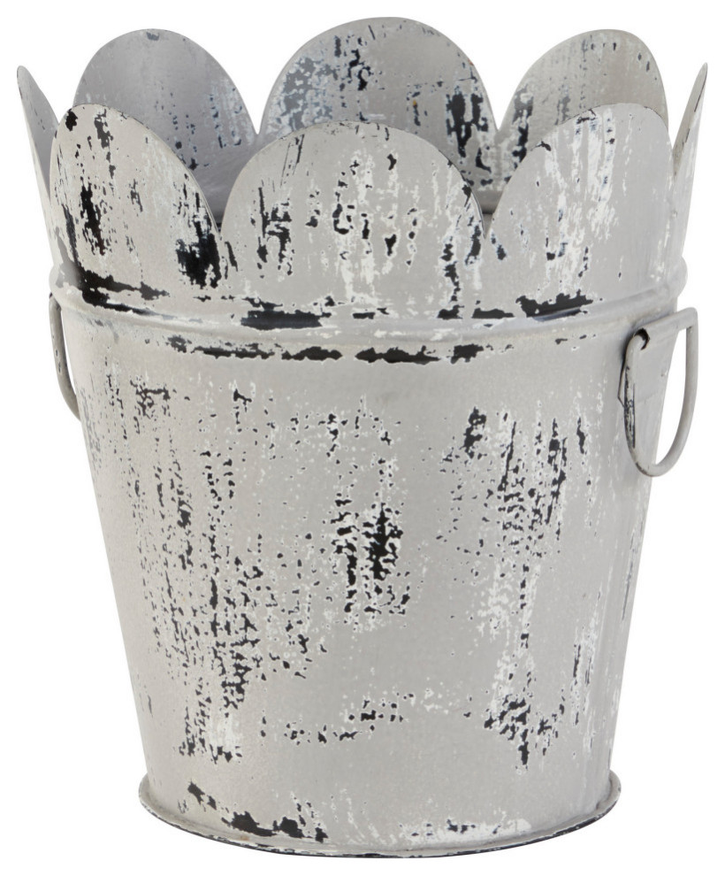 Farmhouse Style Distressed White Metal Scalloped Bucket Planter with Handles   Farmhouse   Outdoor Pots And Planters   by Brimfield  ampMay  Houzz