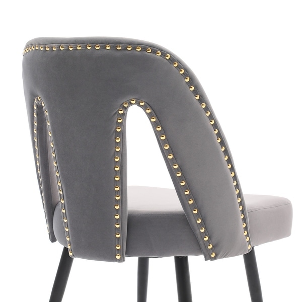 Contemporary Velvet Upholstered Dining Chair with Nailheads and Gold Tipped Black Metal Legs Set of 2