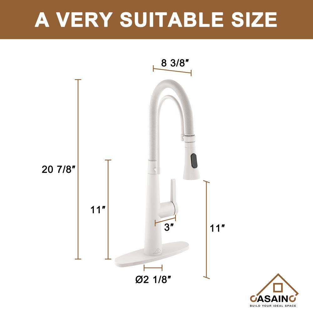 CASAINC Single Handle Spring Neck Standard Kitchen Faucet with Dual-Function Sprayhead and Deck Plate in Matte White CA-D0462-MW