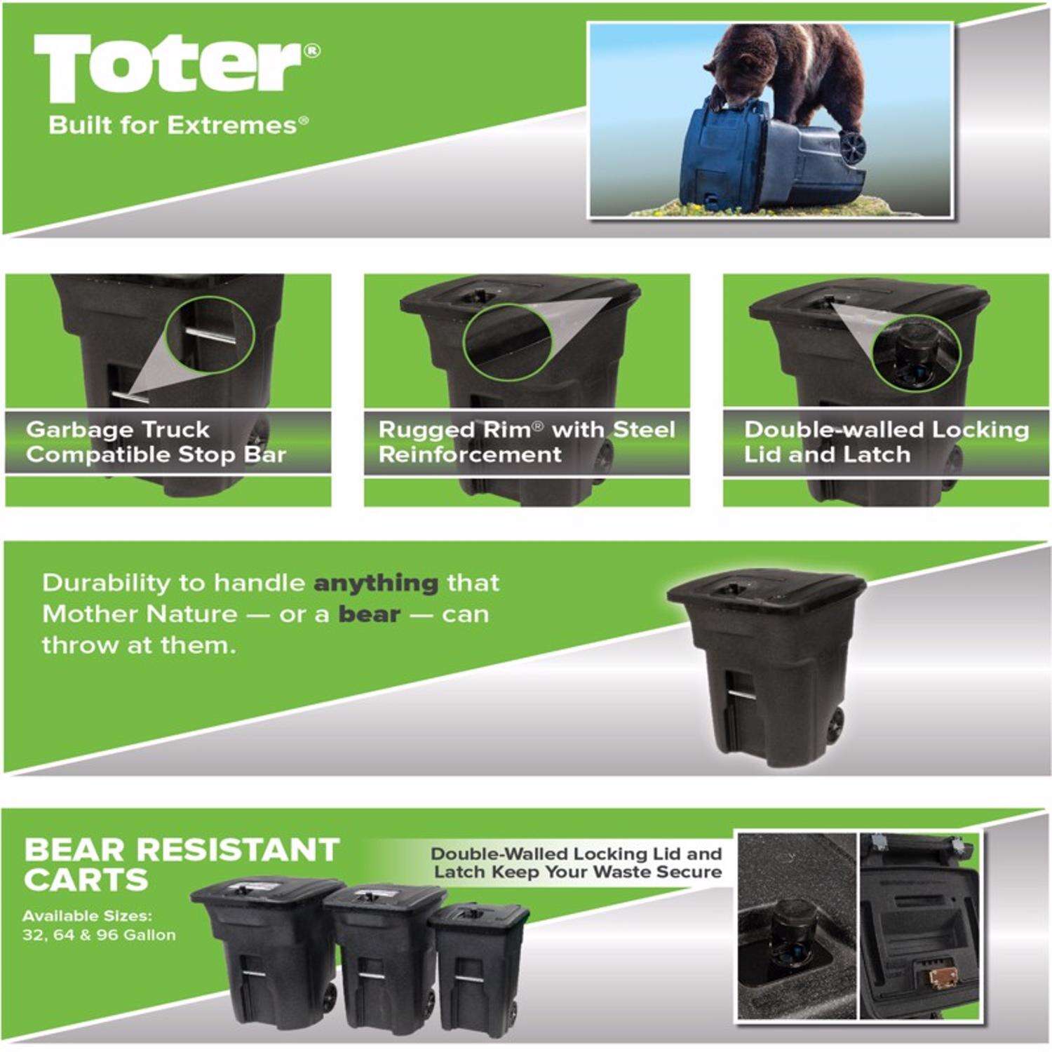 Toter Bear Tough 96 Gallon Outdoor Garbage Can with Wheels and Locking Lid