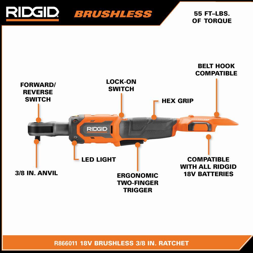 RIDGID 18V Brushless Cordless 2-Tool Combo Kit with 38 in. Ratchet and 12 in. Ratchet (Tools Only) R866011B-R866012B