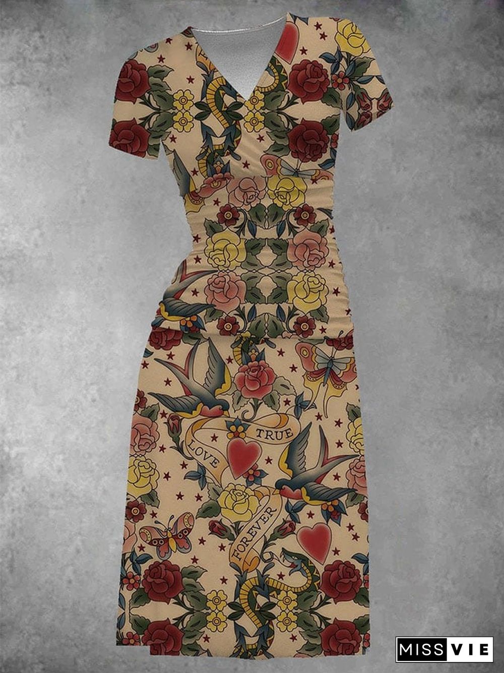 Vintage Floral Print Short Sleeve Dress