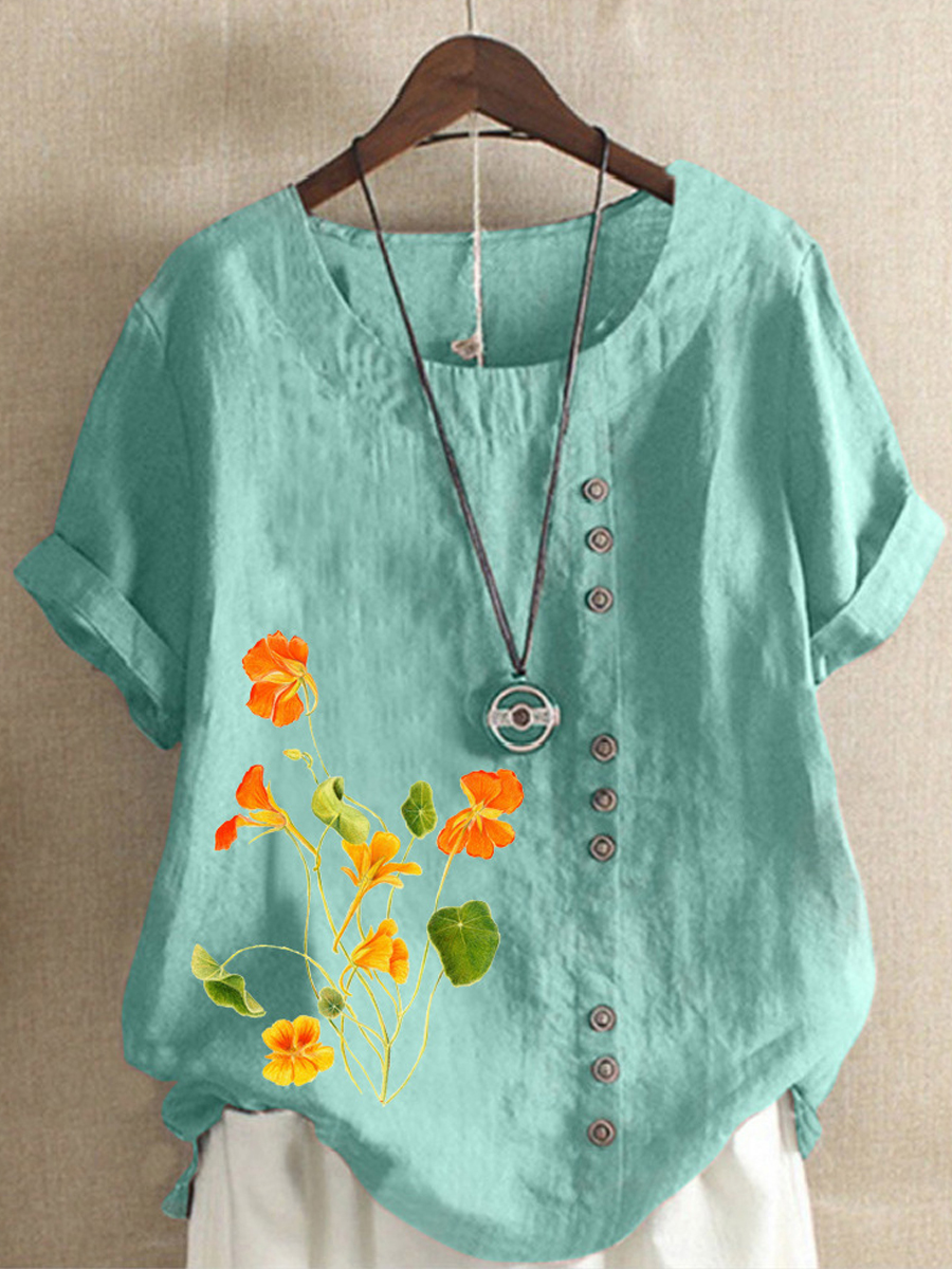 Casual Floral Print Crew Neck Short Sleeve Blouse