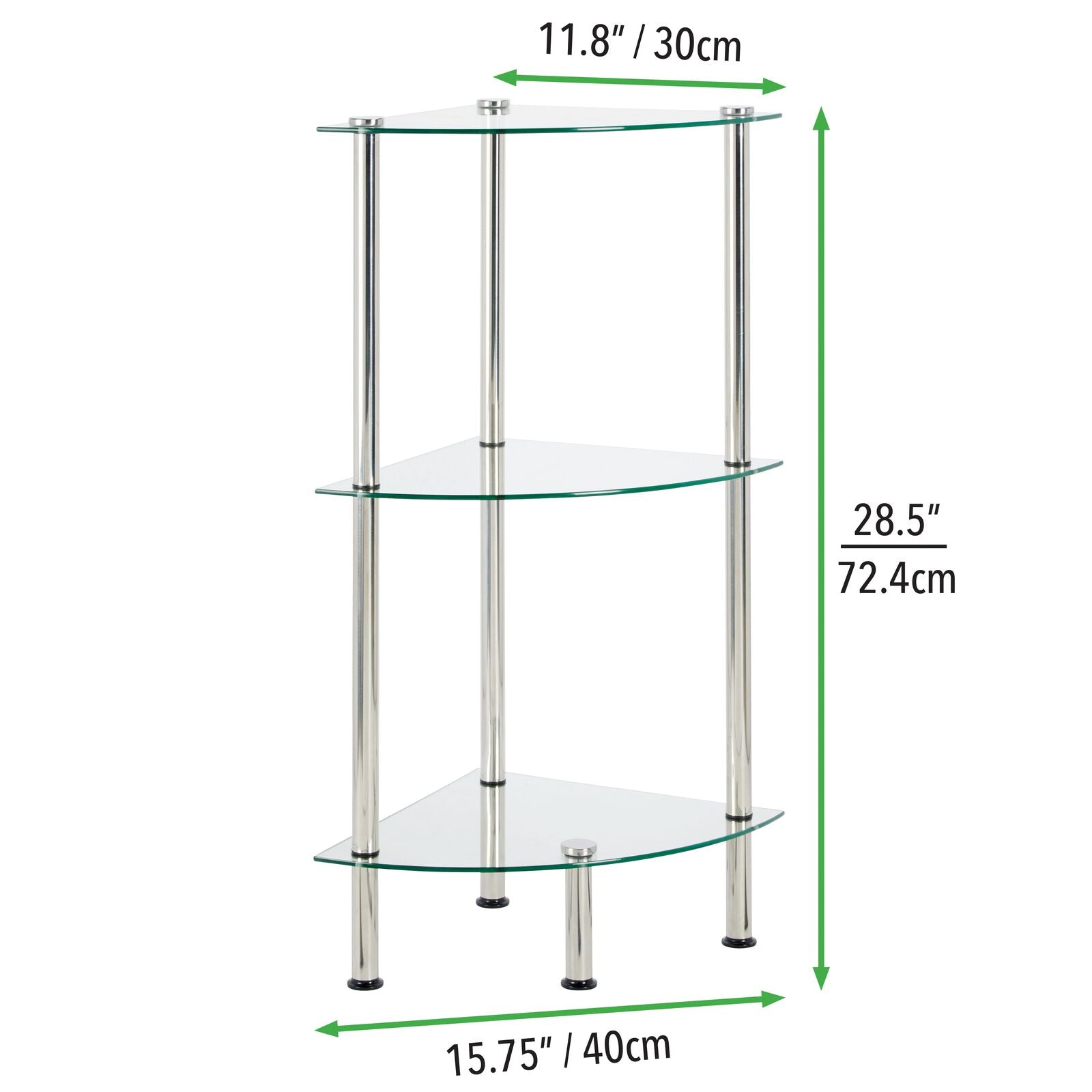 mDesign Bathroom Floor Storage Corner Tower, 3 Tier Open Glass Shelves - Compact Shelving Display Unit - Multi-Use Home Organizer for Bath, Office, Bedroom, Living Room - Clear/Chrome Metal