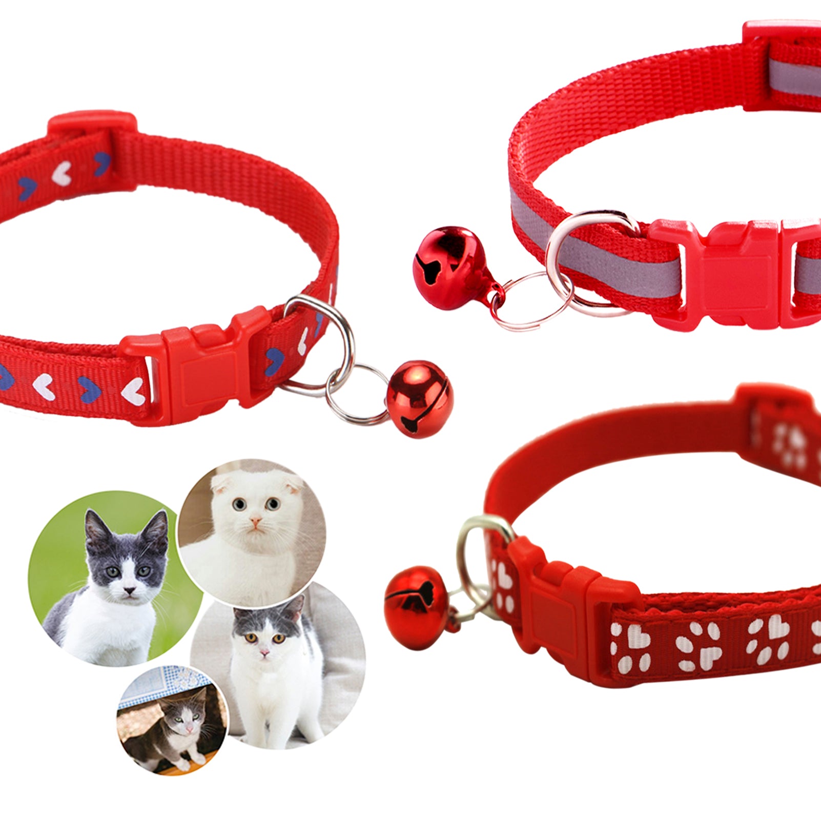 CHBORLESS 3 Pcs Nylon Cat Collar with Bell Adjustable Puppy Kitten Collar，Red