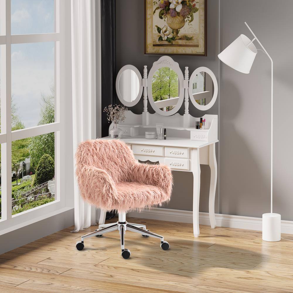 Vinsetto Pink Faux Fur Desk Chair Swivel Vanity Chair with Adjustable Height and Wheels 921-548PK