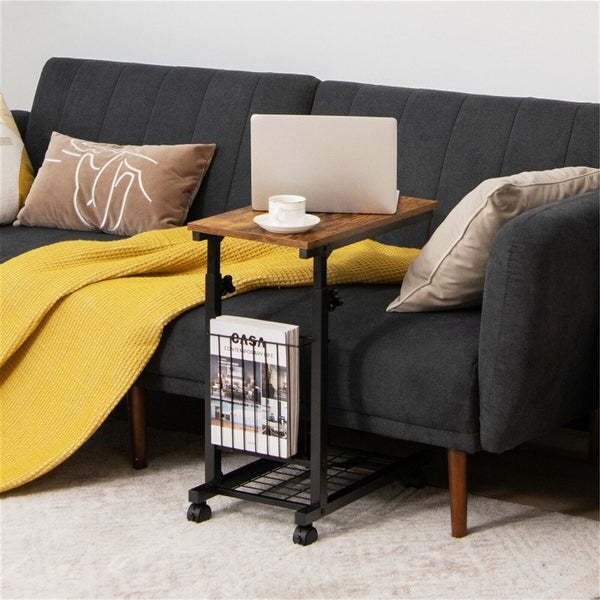 Adjustable C Shape Sofa Side Table with Storage Basket