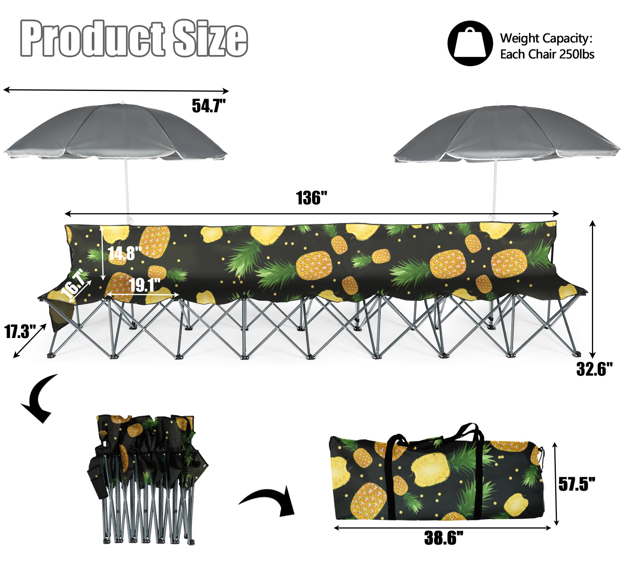 Portable Sports Bench 8 Seat Folding Camping Chairs Team Sideline Bench Lawn Chairs Heavy Duty W/ Removable Umbrella，Side Storage Pockets and Carry Bag for Outdoor Soccer，Football，Tailgating Pineapple