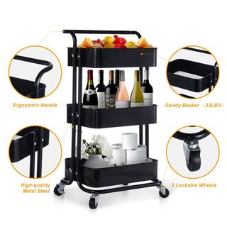 Huluwat 3-Tier Metal Storage Rolling Utility Cart with Wheels and Handle in Black DJYC-G-FNCART171333B