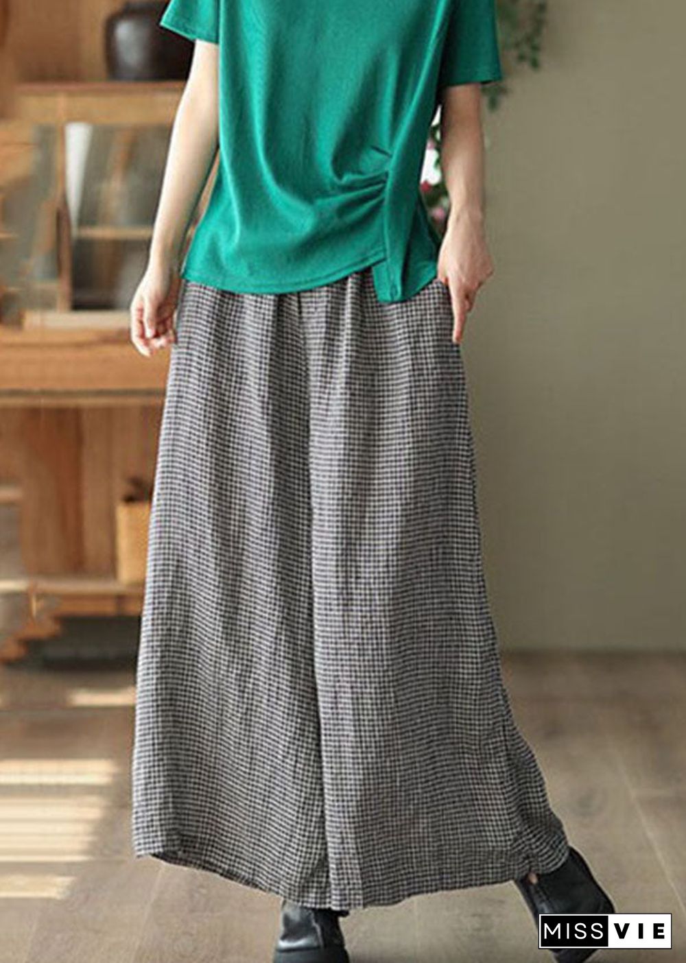 Small Plaid Pockets Patchwork Casual Linen Wide Leg Pants Summer