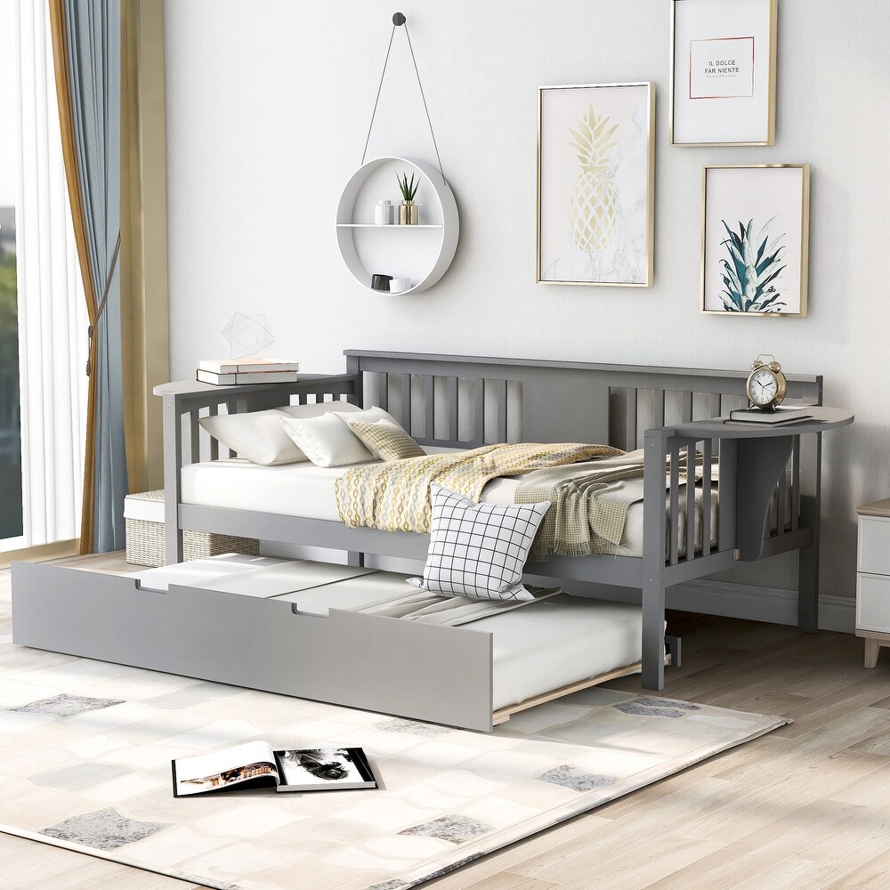 Twin Wooden Daybed Sofa Bed with 1 Trundle and 2 Extra Connected Small Coffee Table Shelf  Grey