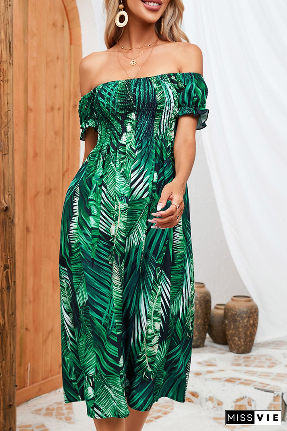 Smocked Off Shoulder Printed Midi Dress