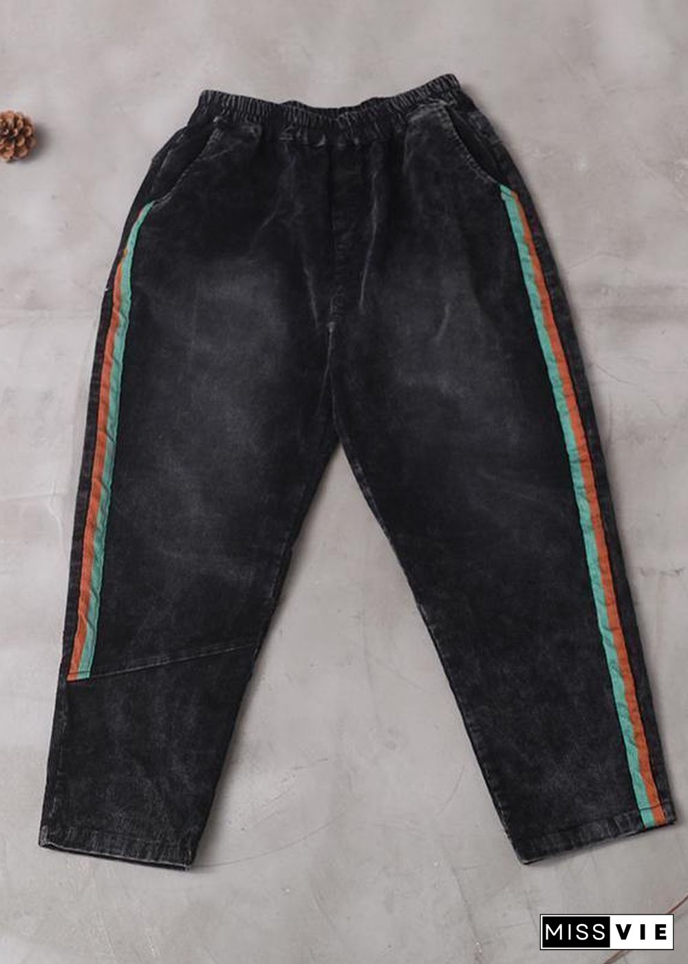 women casual loose black pants patchwork elastic waist wild trousers