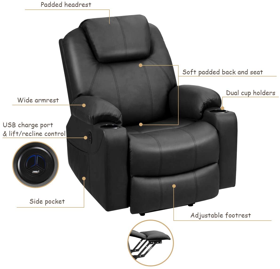 Power Lift Recliner Chair for Elderly Faux Leather Electric Recliner w/Massage and Heating