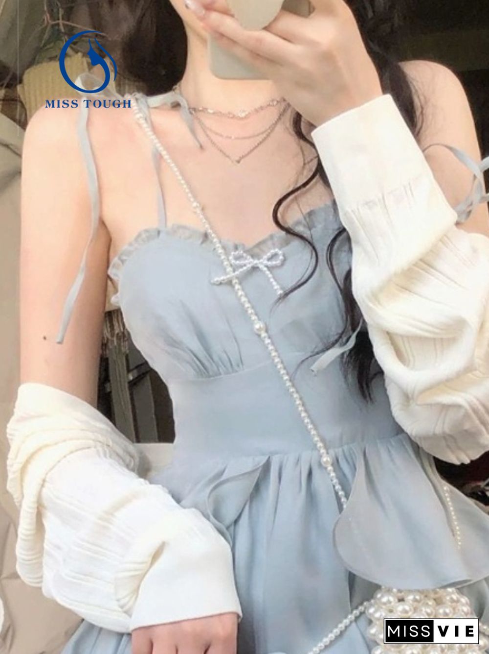 Blue Strap Mini Dress Women Korea Clothing Fashion Suits Casual 2 Piece Dress Set Female Kawaill Elegant Party Dress Summer