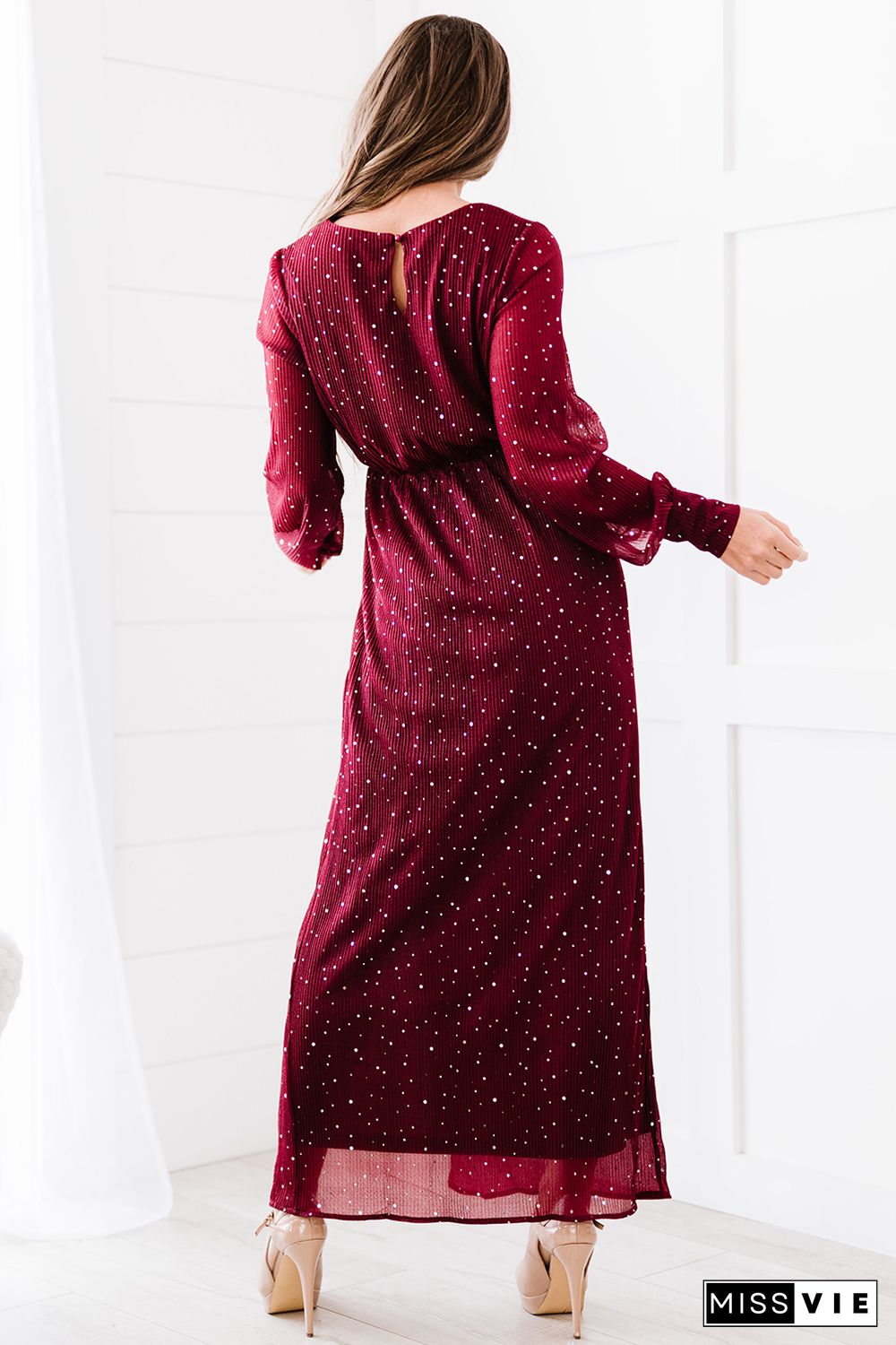 Wine Red Side Split Rhinestone V Neck Maxi Dress