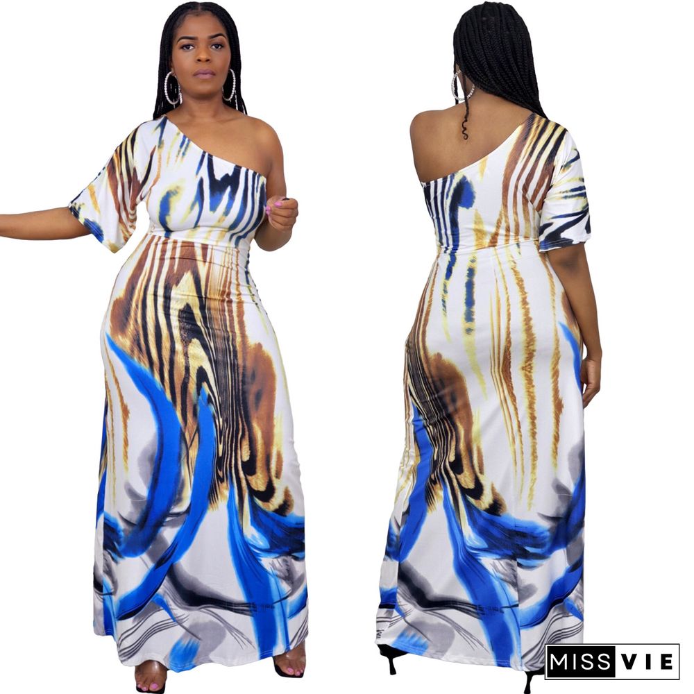 Summer Fashion Women Print Skew Shoulder Short Sleeve Loose Fit Beach Party Long Maxi Dress