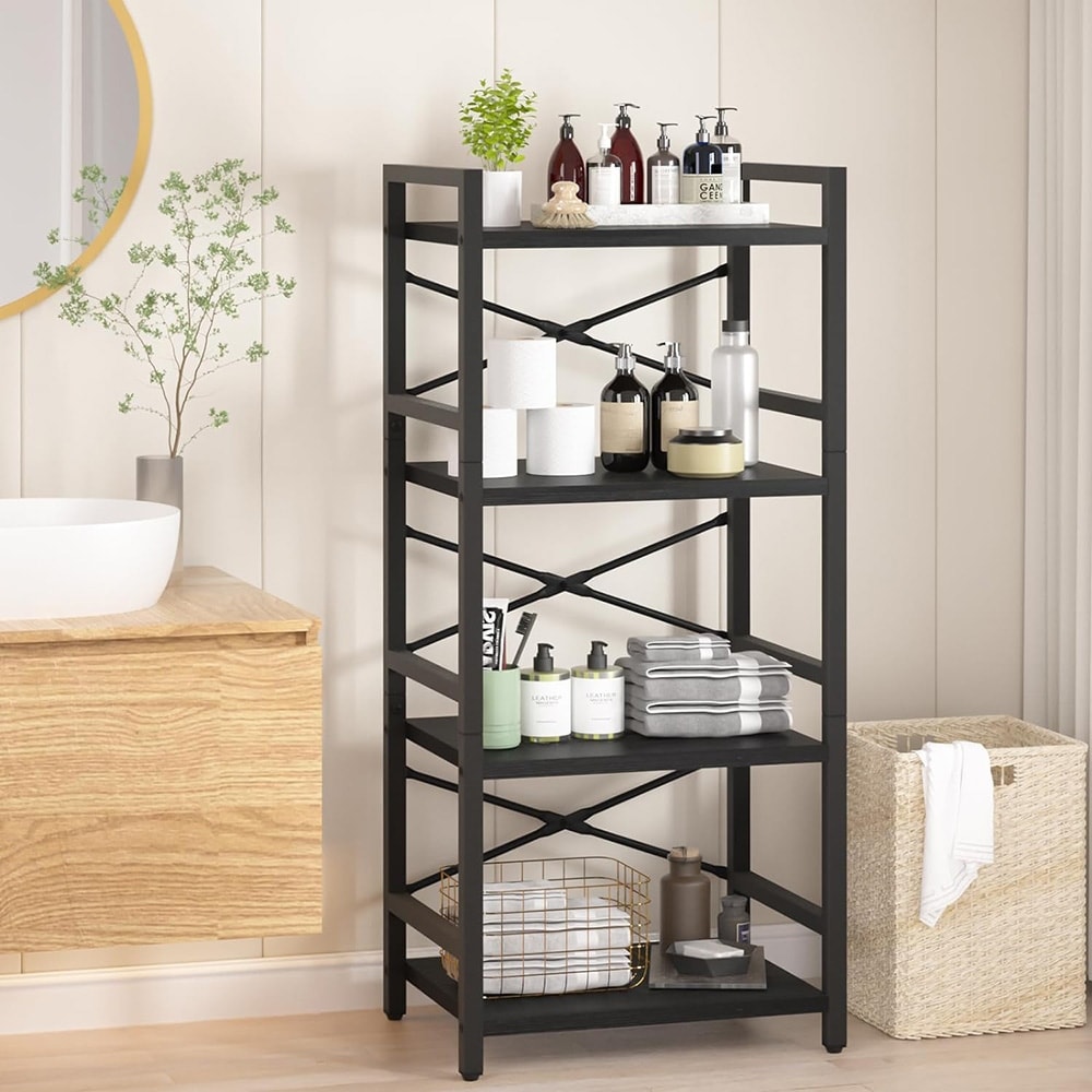 4 Tier Bookshelf   Small Book Shelf Industrial Bookcase Black