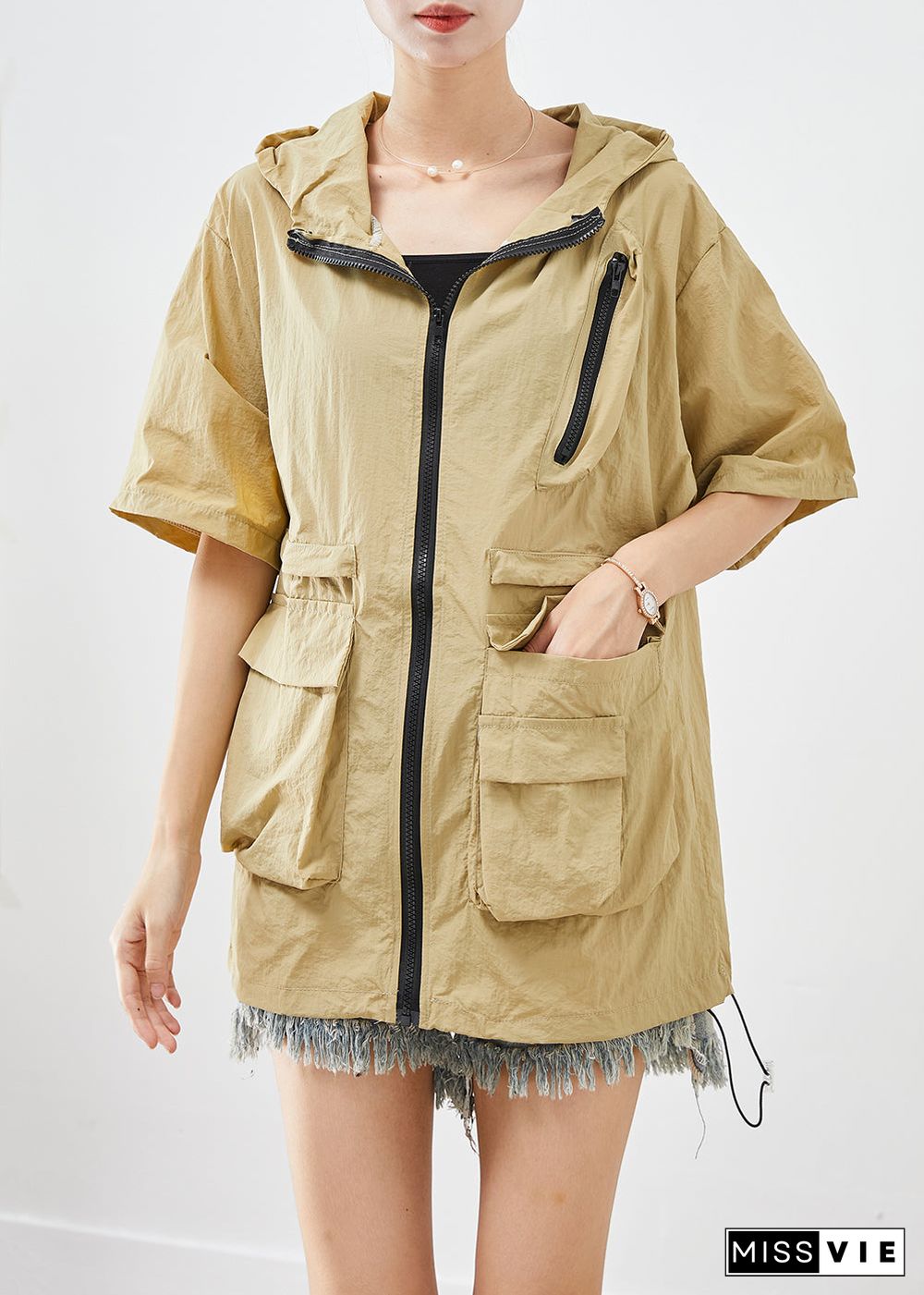 Classy Khaki Zip Up Pockets UPF 50+ Coat Jacket Summer