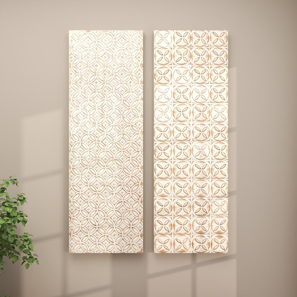 White Wooden Intricately Carved Geometric Wall Decor (Set of 2)