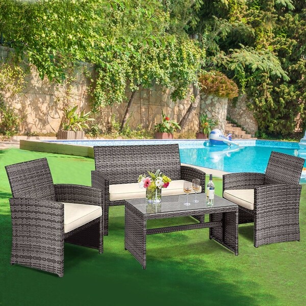 Gymax 4PCS Patio Outdoor Rattan Furniture Set Chair Loveseat Table