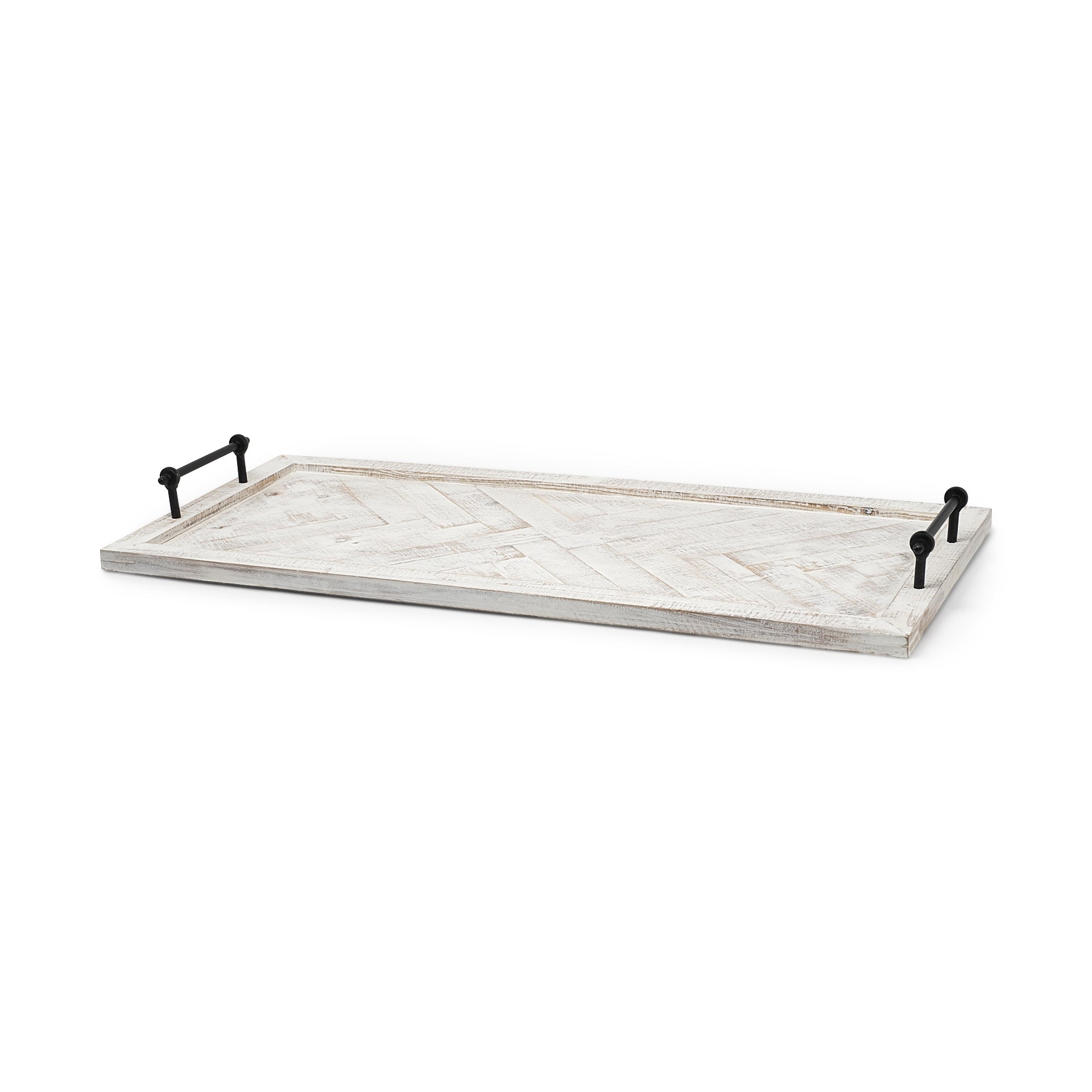 Whitewashed Tone Wood With Herringbone Pattern With Metal Raised Edges Tray - 4