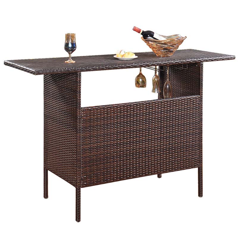 Rattan Wicker Outdoor Patio Bar Counter Table with 2-Row Goblet Holders & 2 Storage Shelves