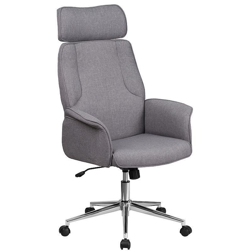 Merrick Lane Montreal Gray Fabric Upholstered Ergonomic Office Chair with Built-In Lumbar Support， Headrest and Waterfall Edge Seat