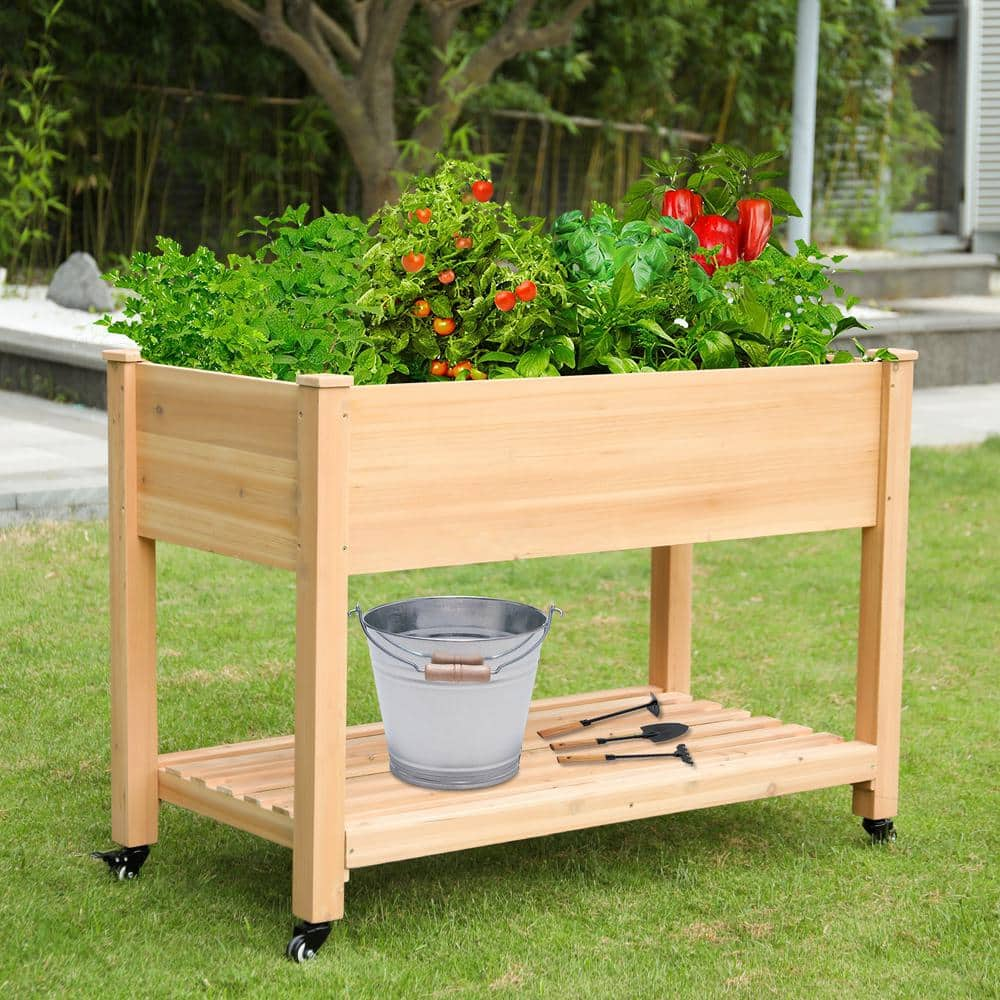 MUMTOP 46 in. x 22.4 in. x 33.8 in. Wood Raised Garden Bed with Lockable Wheels， Liner 4613590-B1