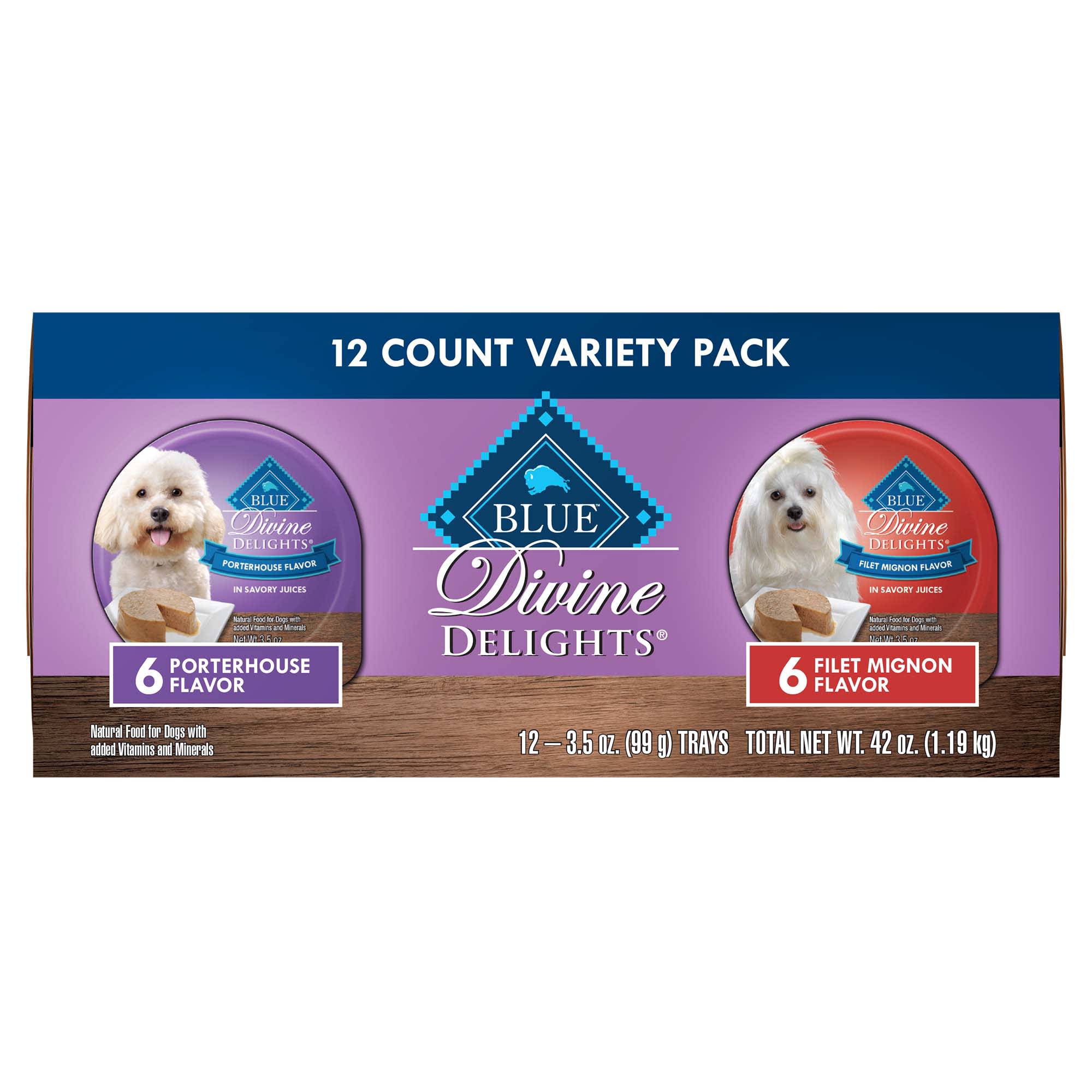 Blue Buffalo Blue Divine Delights Pate Filet Mignon/Porterhouse Variety Pack Dog Food， 3.5 oz.， Case of 12