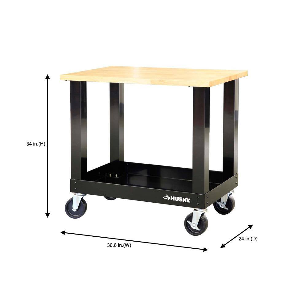 Husky Ready-To-Assemble 3 ft. Portable Solid Wood Top Workbench with Casters in Black G3600S-US