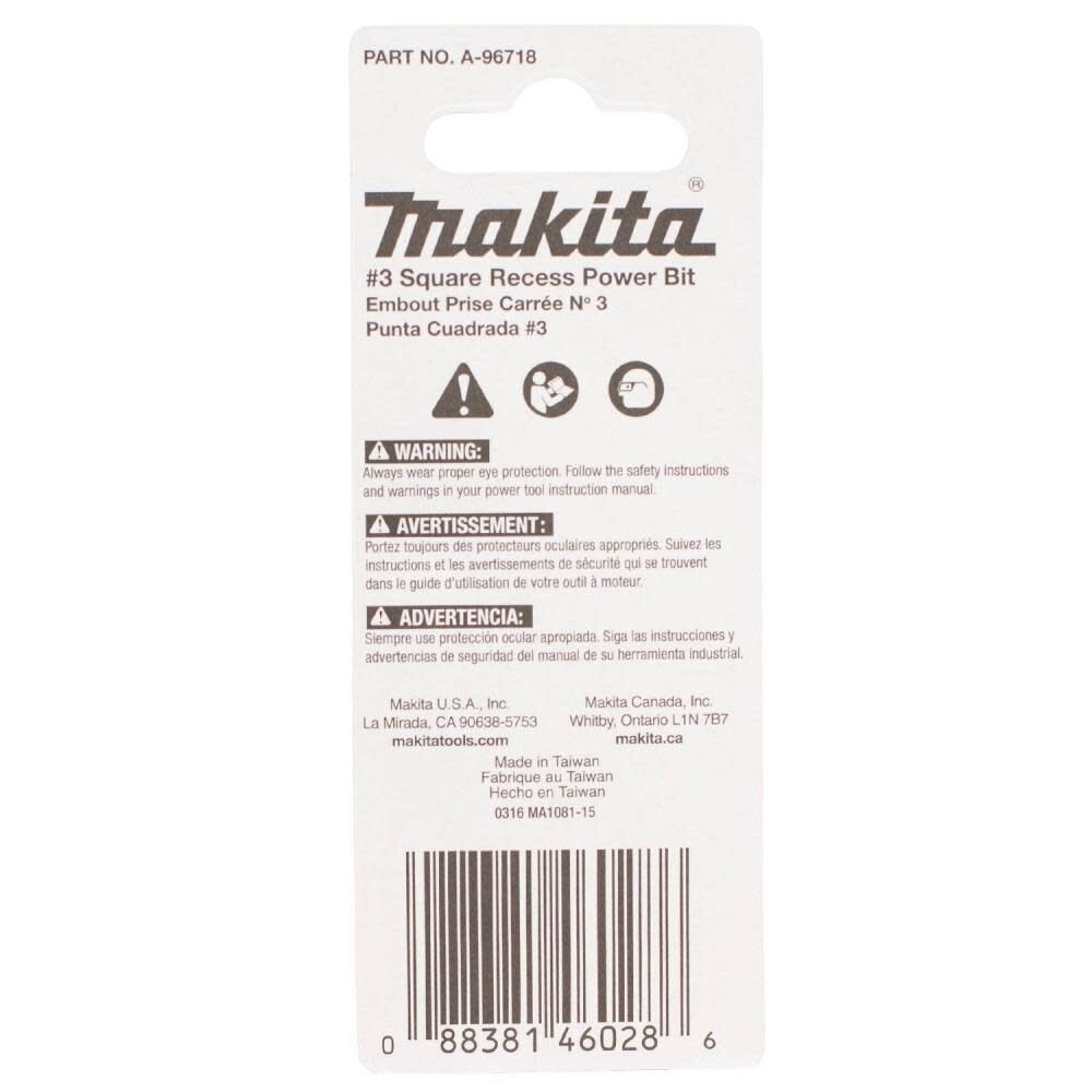 Makita Impact X #3 Square Recess 2 Power Bit 2/pk A-96718 from Makita