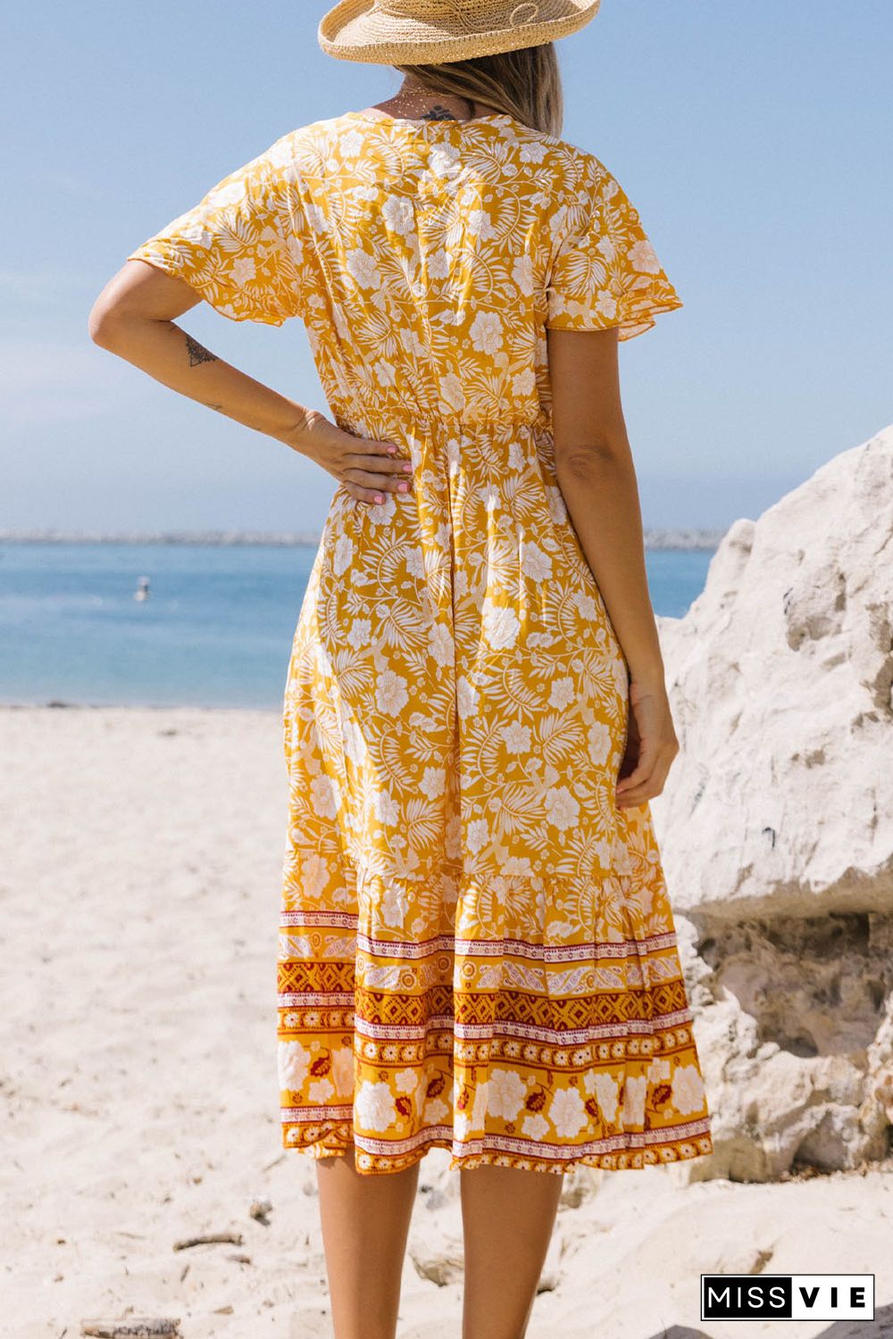 Yellow Floral Wrapped V Neck Tied Ruffled Sleeves Midi Dress