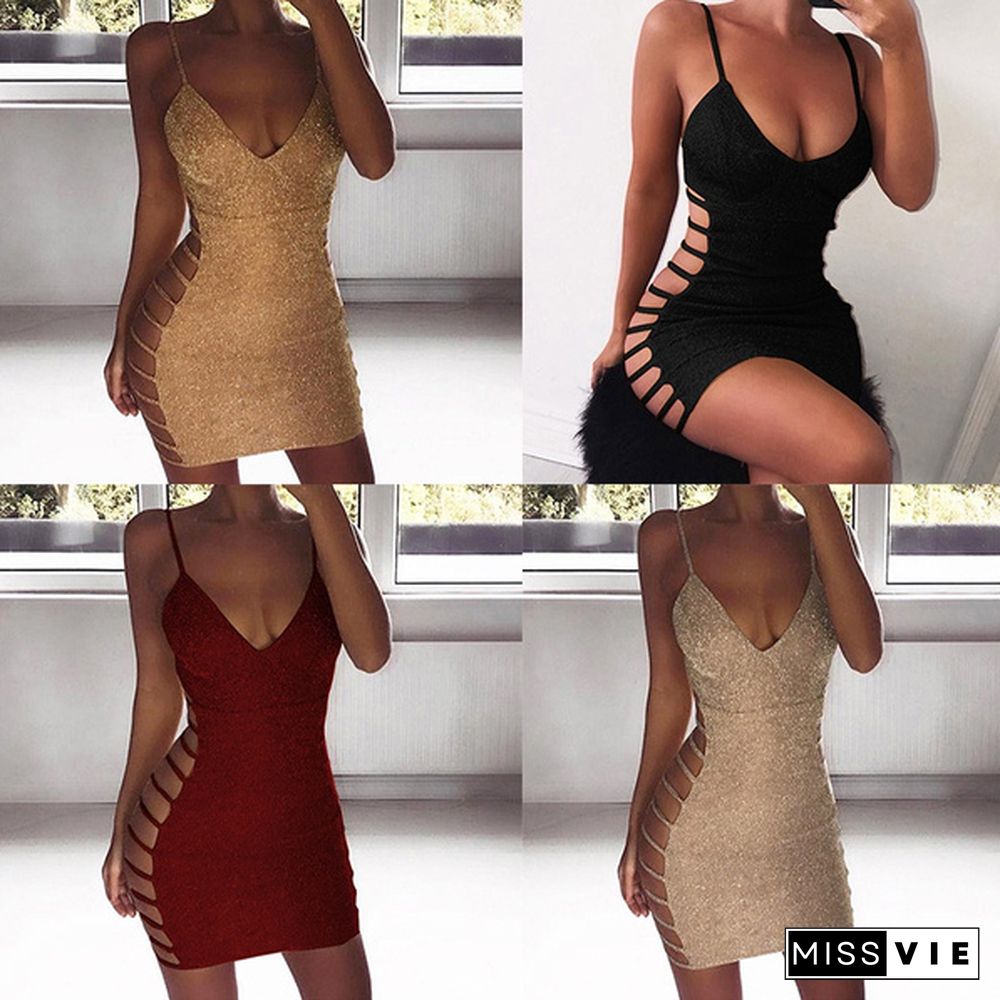 Fashion Women's Sexy Deep V Neck Mini Dress Sparkly Bodycon Bandage Dress Club Dress Cocktail Party Package Hip Dress