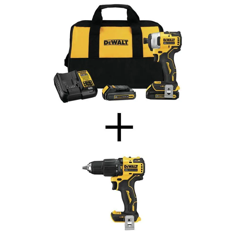 DEWALT ATOMIC 20V MAX Cordless Brushless Compact 14 in. Impact Driver Kit and ATOMIC Brushless Compact 12 in. Hammer Drill DCF809C2WCD709B