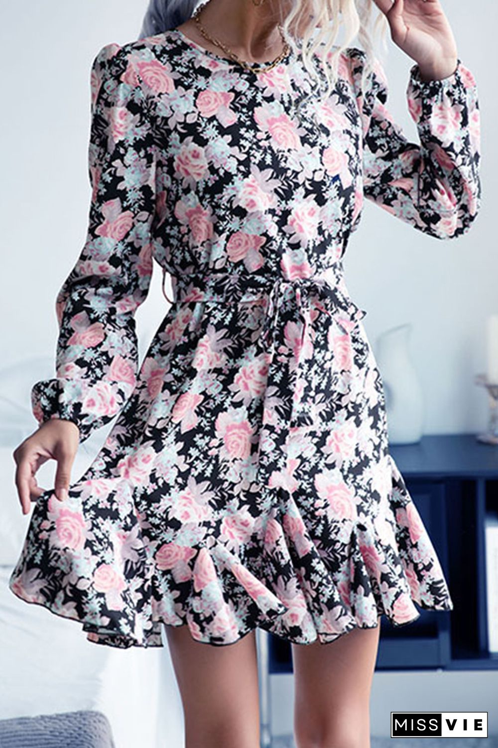 Floral Print Long Sleeve Ruffles Mini Dress Wholesale