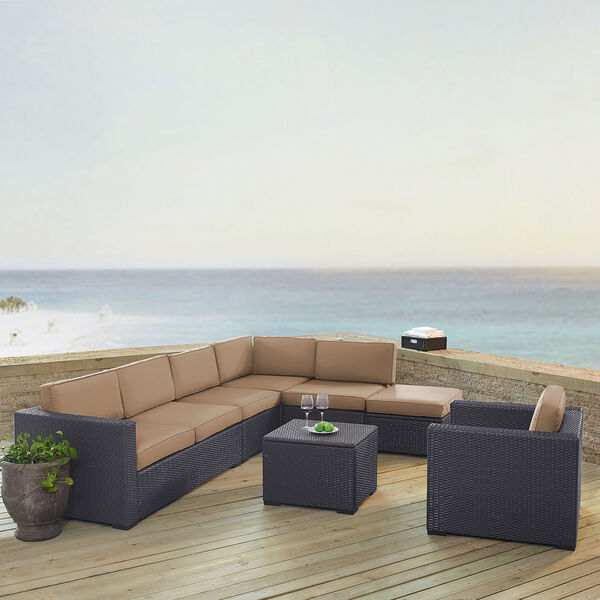 Biscayne 7 Person Outdoor Wicker Seating Set in Mocha - Two Loveseats， One Armless Chair， One Arm Chair， Coffee Table， Ottoman