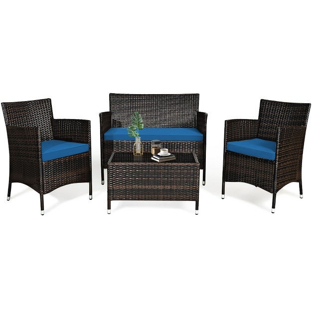 Tangkula 4pcs Patio Rattan Conversation Furniture Set Outdoor W Peacock Blue Cushion