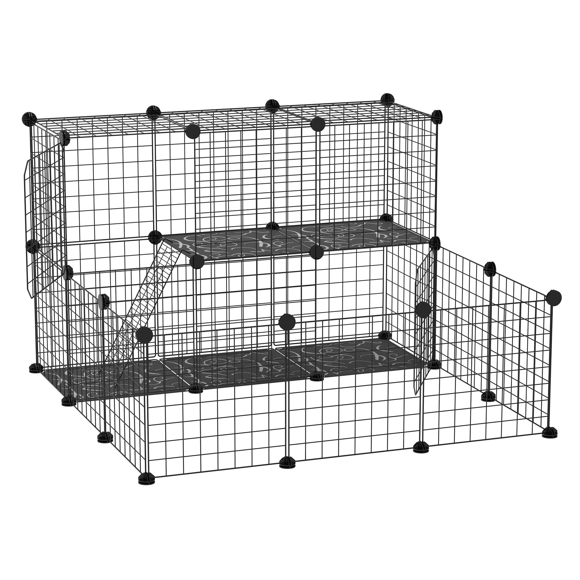 PawHut 2-Tier Foldable Metal Small Animal Playpen Pet Fence with Reshaping Customizable Design， Large Guinea Pig Cage， Bunny Rabbit Cage， and Chinchilla Cage， CandC Cage and Metal Playpen with Mats