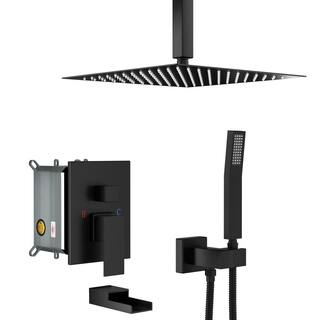 Magic Home 1-Spray 16 in. Ceiling Mount Square Rainfall Shower Head with Hand Shower and Tub and Faucet in Black (Valve Included) SL-16015Z-B-16