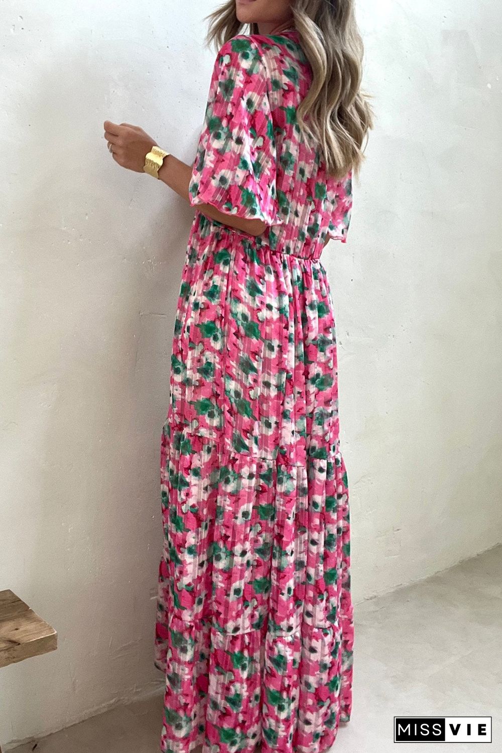 Pink Wide Sleeves Floral Print Maxi Dress