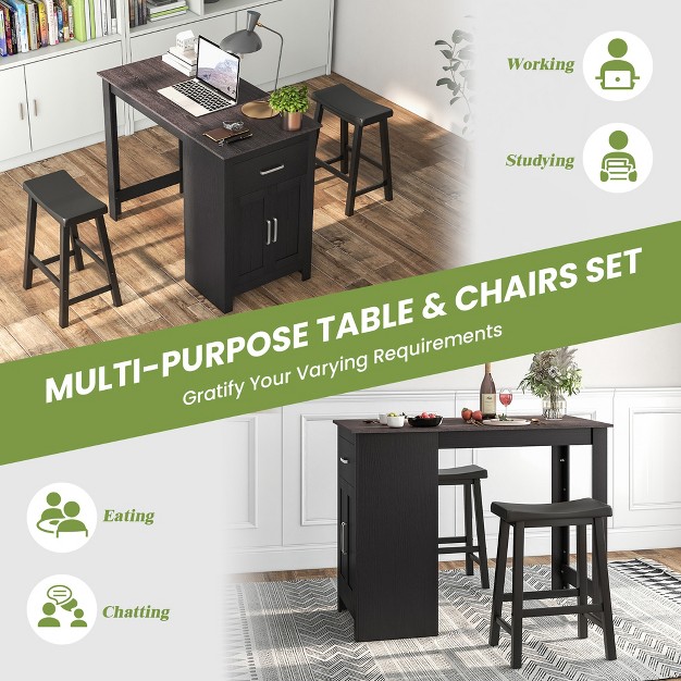 Costway 3 Pieces Bar Table Set Pub Dining Table With Saddle Stools amp Storage Cabinet Black