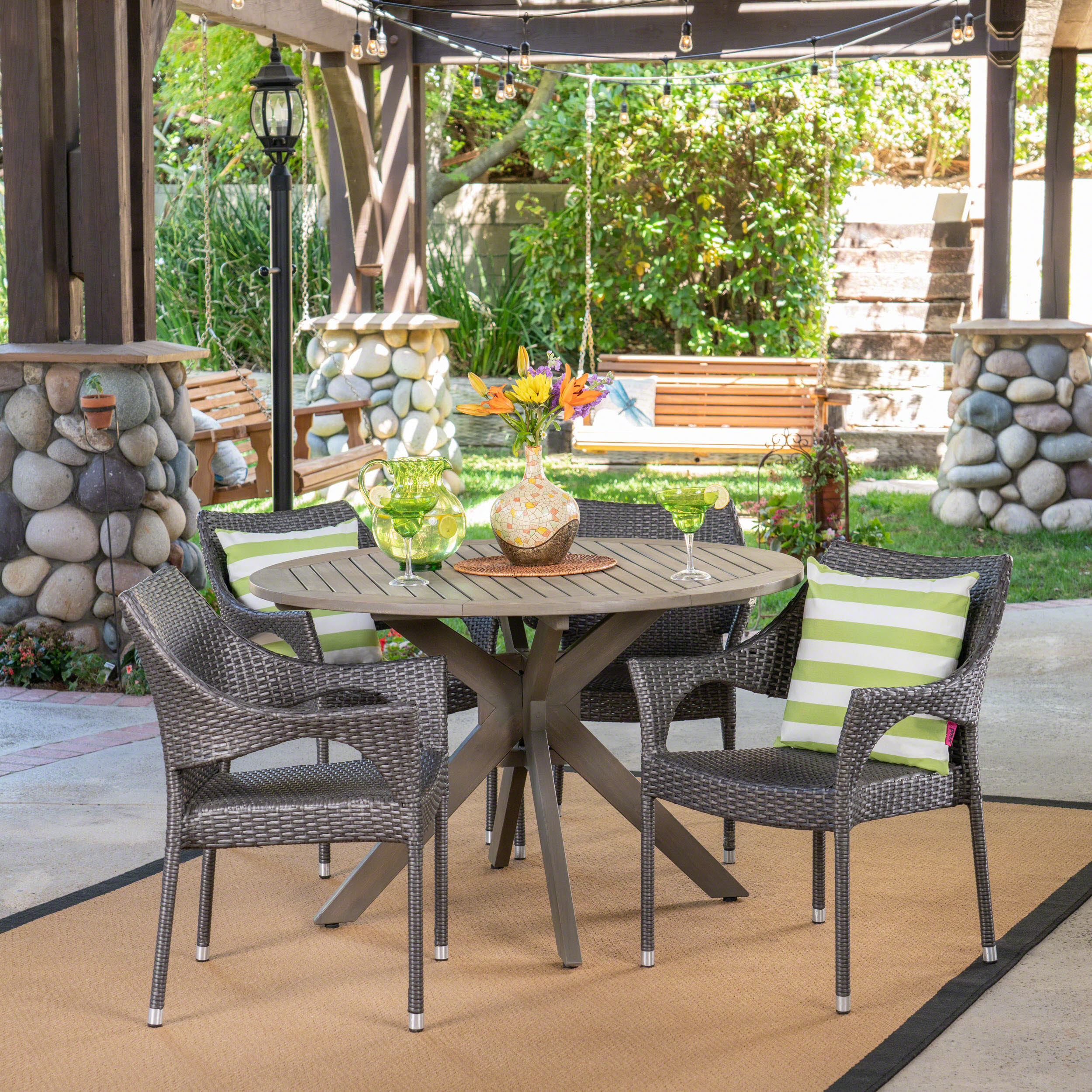 Lina Outdoor 5 Piece Wood and Wicker Dining Set, Gray and Gray