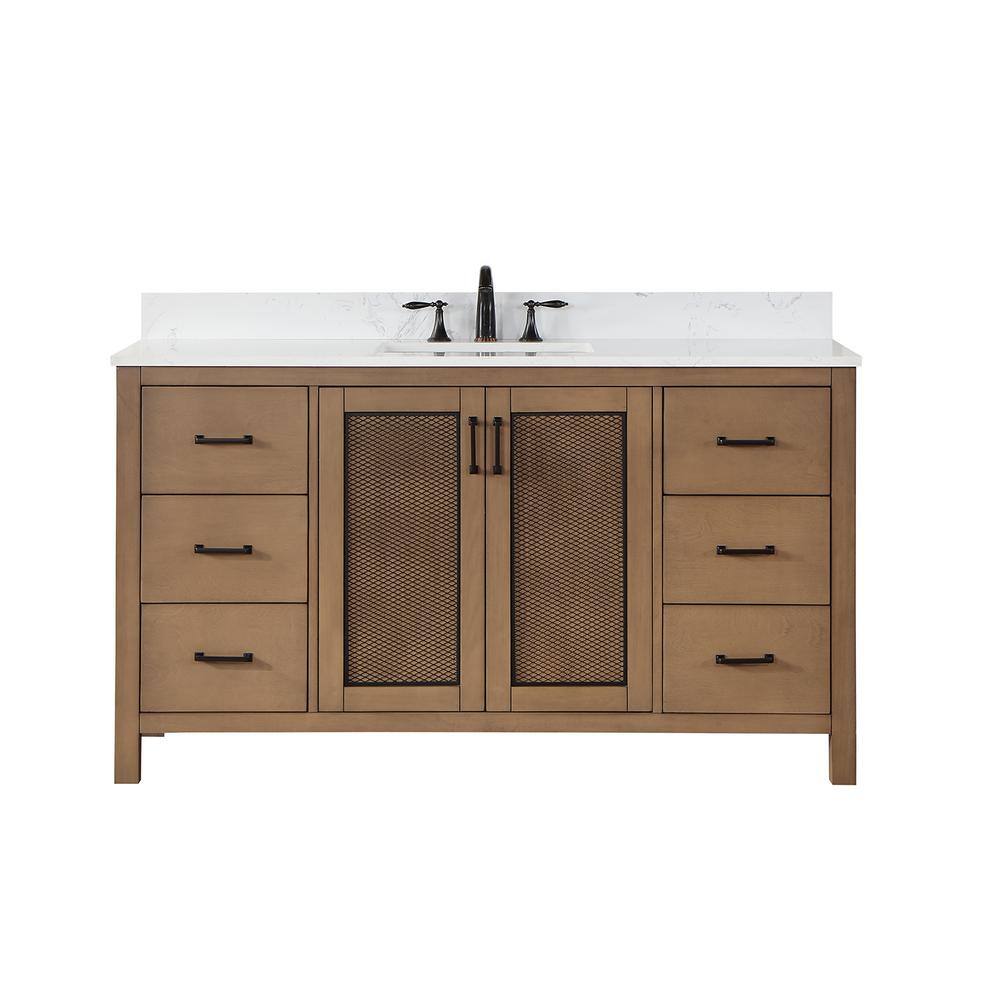 Altair Hadiya 60 in. W x 22 in. D x 34 in. H Bath Vanity in Brown Pine with Carrara White Composite Stone Top 542060S-BR-AW-NM